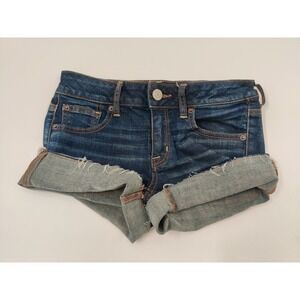 American Eagle Super Stretch Denim Shortie Shorts Cuffed Distressed Women Sz 4